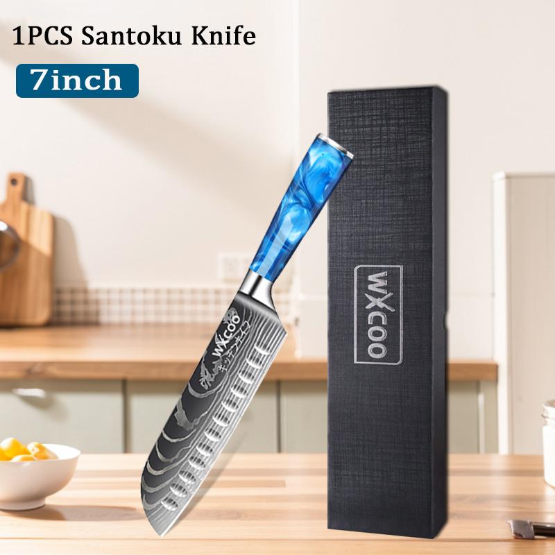 WXCOO Professional Kitchen Knife Blue Resin Handle Japanese Santoku Knife Laser Damascus Pattern Utility Knife With Gift Box