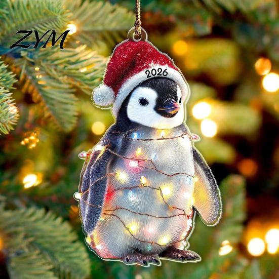 Year of 2026 Commemorative Keepsakes Christmas Animal Hanging Ornaments with Lanyard, Cute Double Sided Pendant Festive Wall Decor Santa Hat, 2D Flat