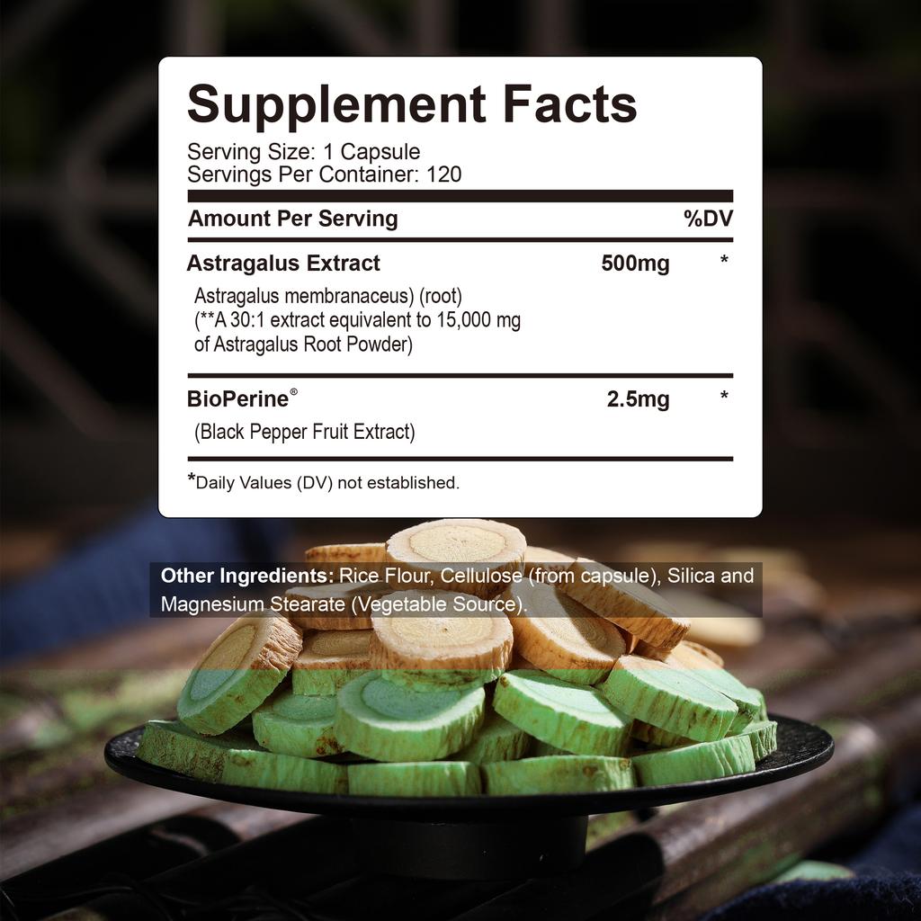 Astragalus capsules, 15,000 mg per serving, contain black pepper extract, suitable for both men and women.