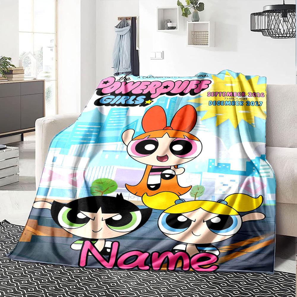 Custom Name Powerpuff Girls Halloween flannel Blanket for Super Soft Cute Comfort Blanket for Travel Bedding Couch Sofa Blanket