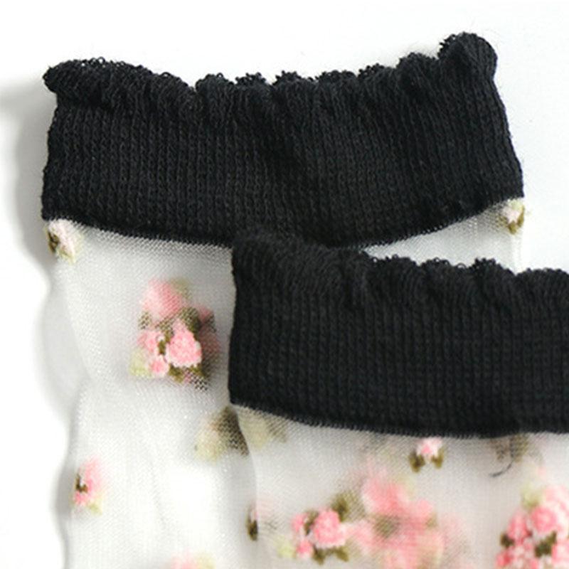 Women's Elastic Cotton Socks Transparent Floral Summer Thin Sheer Non-slip