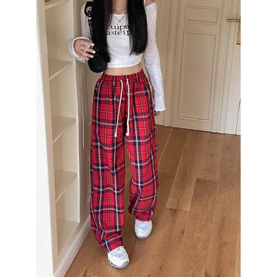 Большие размеры ретро ленивый стиль контрастные клетчатые повседневные брюки для женщин осенью драпировка прямые свободные широкие брюки для женщин