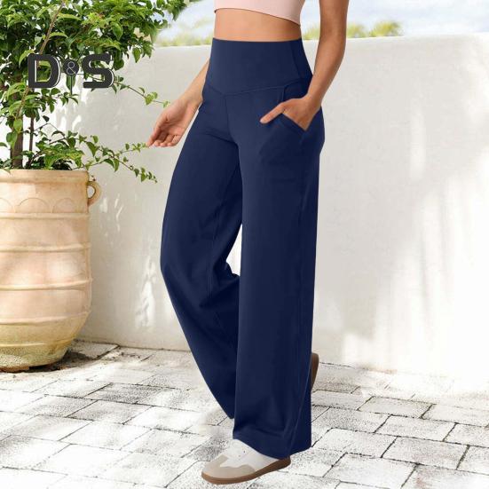 Women Yoga Pants Solid Color High Waist Wide Leg Sport Pants with Pockets Tummy Control Straight Leg Dress Pants