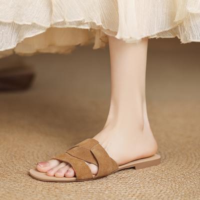 Модные Роскошные Дизайнерские Женские Плоские Шлепанцы Овчина Замша Удобная Женская Обувь Повседневные Шлепанцы на Плоской Подошве 2025 Новые Летние Сандалии