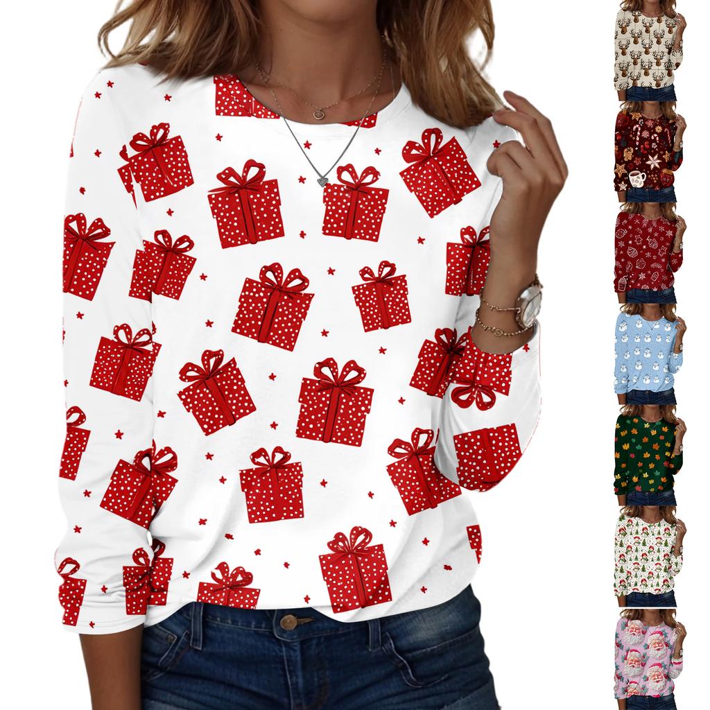 Women's Fashion Casual Long Sleeve Christmas Printed Round Neck Top