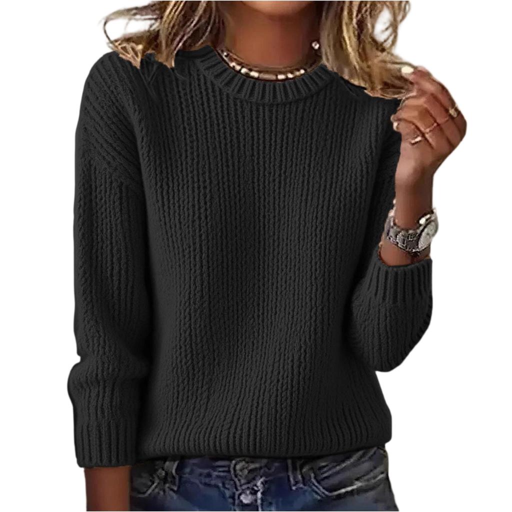 Women's Fashion Casual Loose Pullover Solid Color Round Neck Long Sleeve Knit Sweater