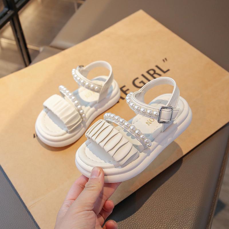 Girls Princess Shoes Pleated Ins Trendy Kids Sandals Beads Sweet Soft Sole 2025 Summer New Children Beach Shoes Open Toes Cute