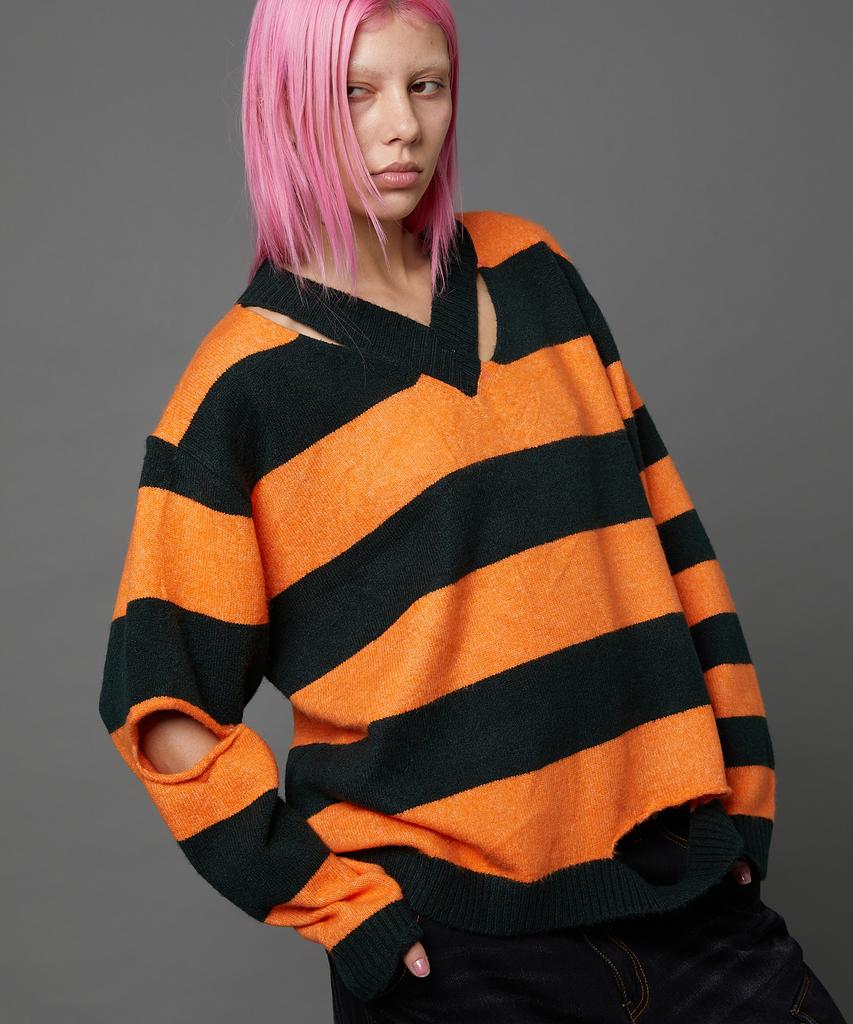 HOODHOOD Striped Cutout V-Neck Knit Orange