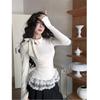 Ladies' Knitted Shirt with Ribbon Solid Color Lace Edge Long Sleeved Base Sweaters Spring Autumn Close Fitting Slimming Woman Korean Style Top