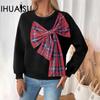 Women's Bowknot Thickened Top Autumn & Winter O-Neck Plaid Patchwork Sweatshirt