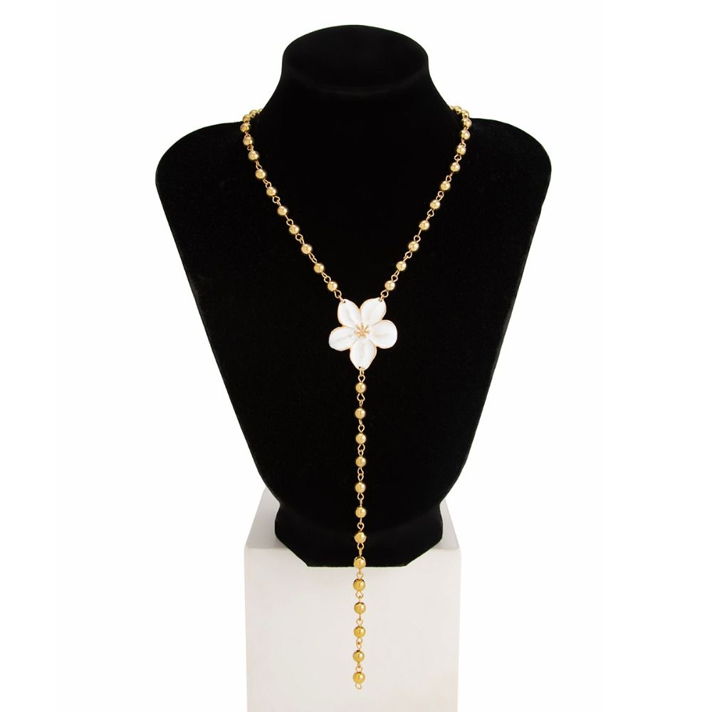 Gold Flower Necklace Drip Oil Women Long Necklace Personality Beads Clavicle Chain Party Jewelry