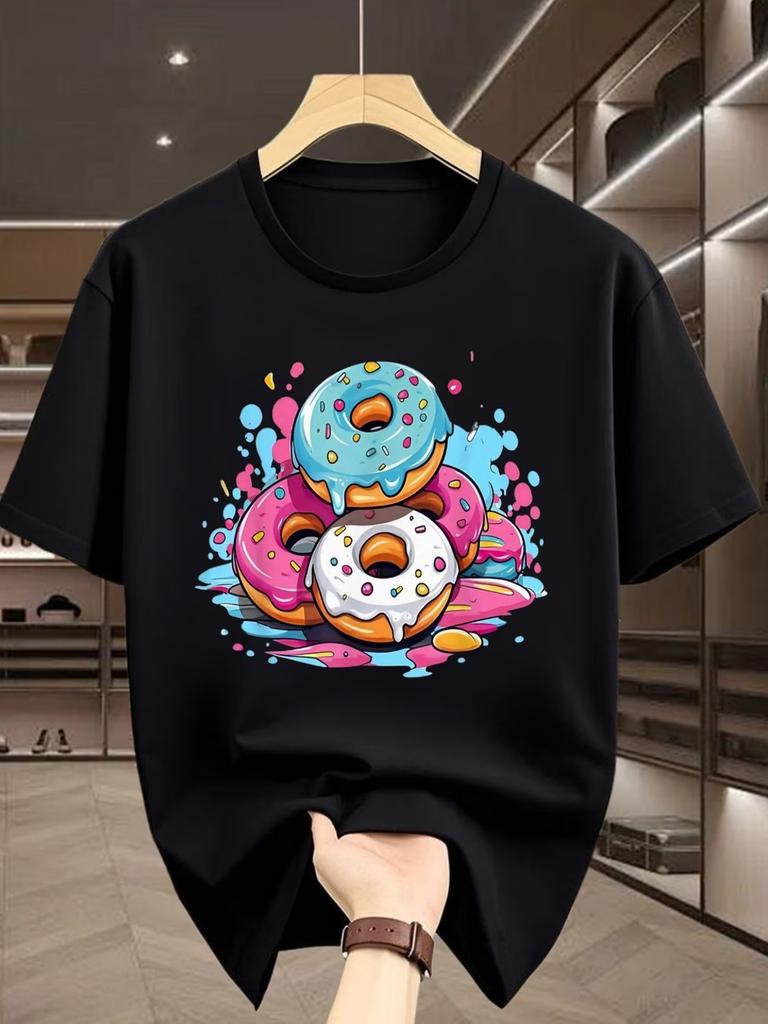 Men'S T-Shirt with Colorful Donut Print, Featuring Blue And Pink Paint Splashes