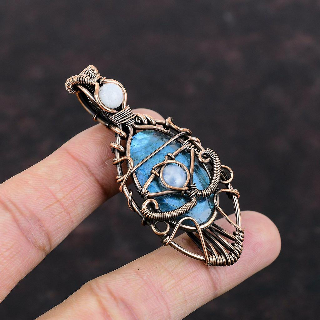Evil Eye Faceted Labradorite Pendant Copper Wire Wrapped Pendant Handmade Ethnic Jewelry Rainbow Moonstone Gemstone Pendant Gift For Mother