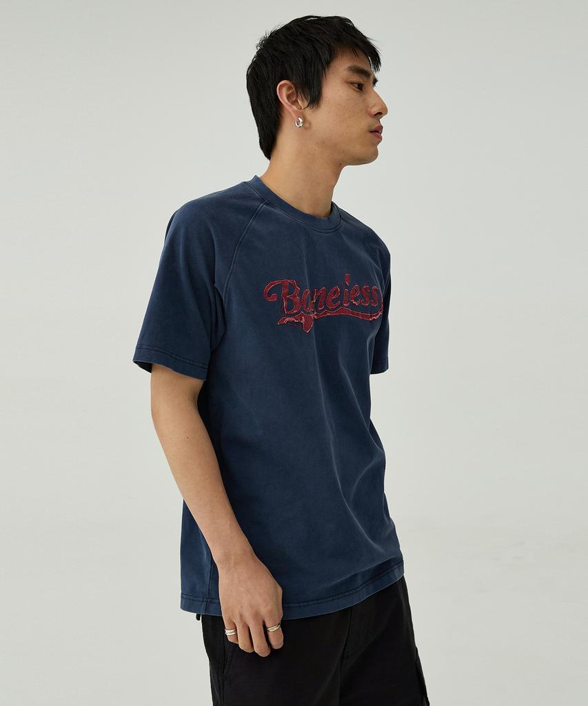 MAGOODGAN Swagver 3589 Damaged Applique Pigment Navy Standard Fit Short Sleeve Tee