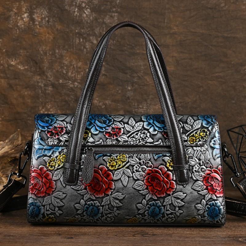 Johnature Retro Embossed Genuine Leather Women Bag Hand Painted Versatile Cowhide Shoulder & Crossbody Bags