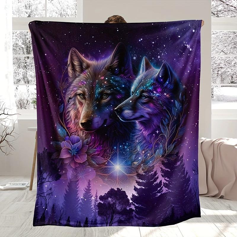 Wolfpatterned starry sky Flannel printed blanket suitable for all seasons suitable for living room office sofa and travel
