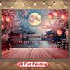 2D Night Cherry Blossom Lake Pavilion Tapestry for Chinese New Year Festival Decoration