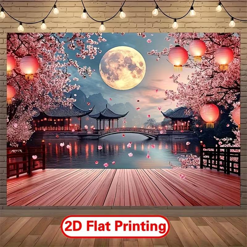 2D Night Cherry Blossom Lake Pavilion Tapestry for Chinese New Year Festival Decoration