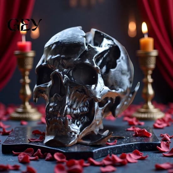 3D Skull Carving Halloween Ornament, Synthetic Resin Alien Shape Realistic Decor Figure, Bone Detail Sculpture Tabletop Party Decoration