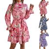 Women's Casual Stand-up Collar Flower Waist Long Sleeve Ruffled A-line Dress