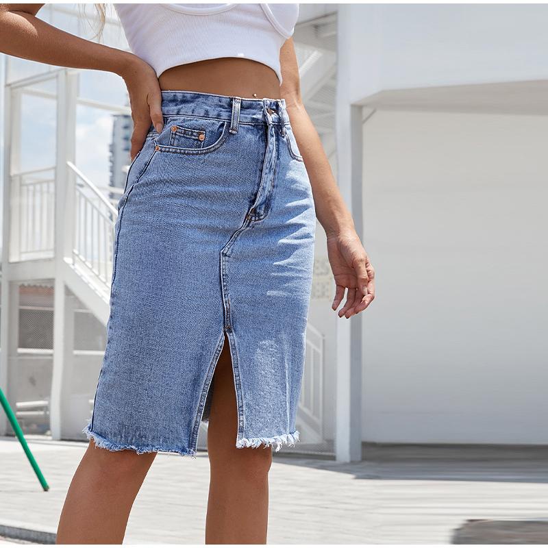 Юбки из денима для женщин, джинсы с высокой талией, потертым необработанным краем, юбка-клеш с карманами, летняя узкая юбка с разрезом и запахом