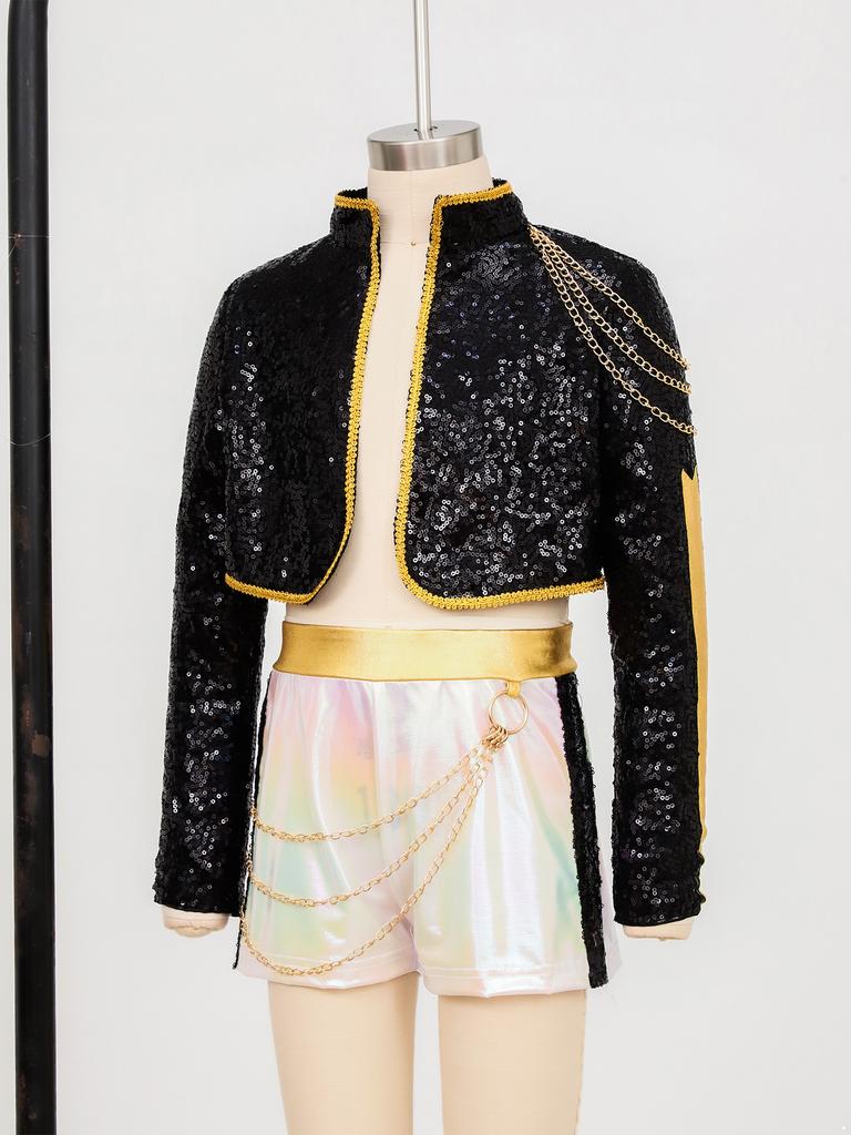 Костюм для косплея демона для девочек, наряд певицы для танцев, костюм для вечеринки, блестящая куртка с пайетками и длинными рукавами, с золотой цепочкой и поясной цепочкой, шорты