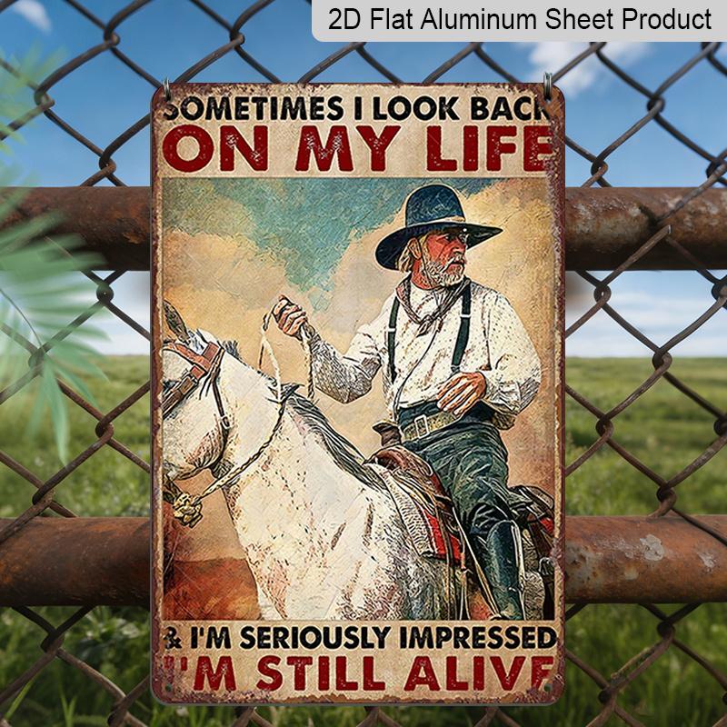2D Flat, 1pc 7.87*11.8 Vintage Old West Denim Aluminum Sign | Rustic Wall Decor with Cowboy Riding Horse Design, Perfect for Western Lovers, Ranch