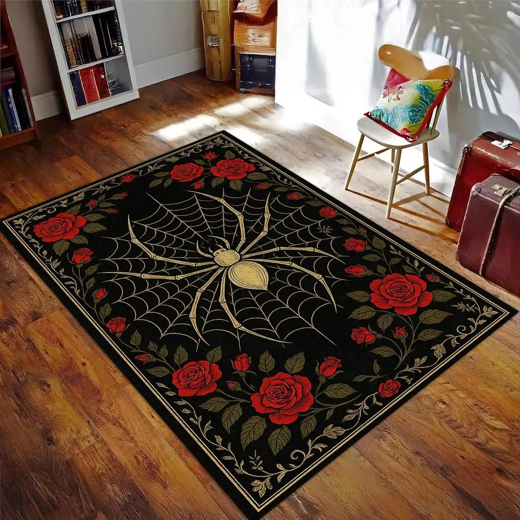 VIKAMA Gothic Spider Web Area Rug, Non-slip Washable Stain Resistant Carpet, Black Red Decor For Living Room Bedroom Home