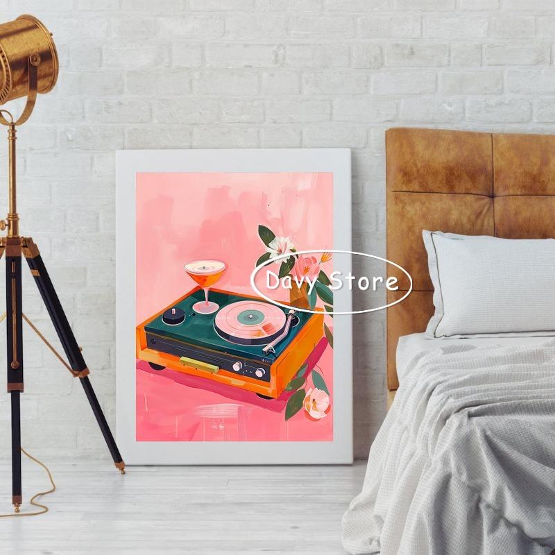 Винтажный проигрыватель кассетный магнитофон музыкальный постер эклектичный розовый принт на стену ретро холст картина бар домашний декор эстетика