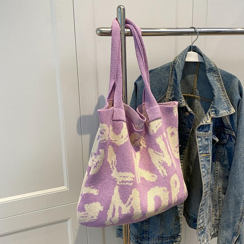 Сумка через плечо с буквенным принтом, большая вместительная сумка контрастного цвета из хлопчатобумажной ткани, летняя модная вязаная сумка ручной работы