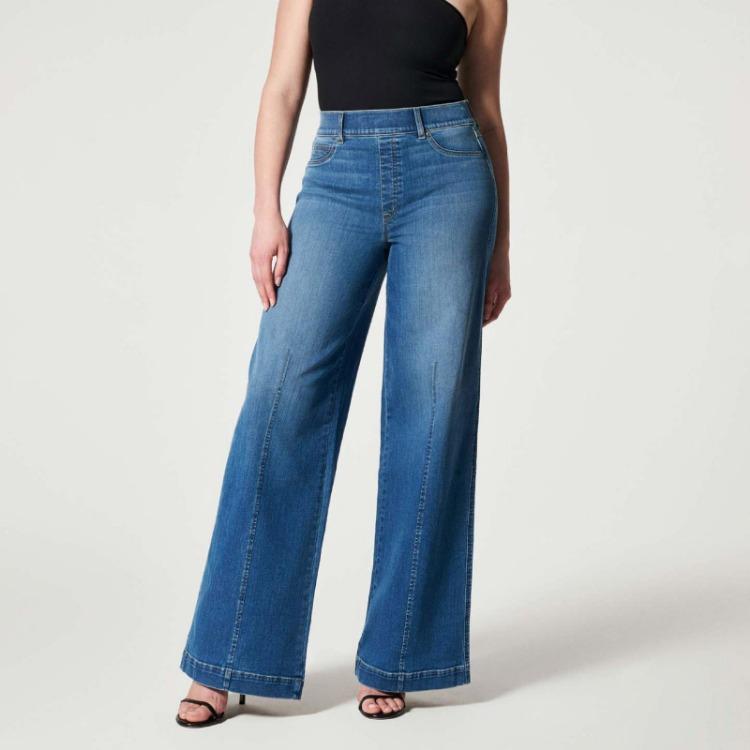 Seamed Front Wide Leg High Waist Baggy Jeans for Women Stylish Stretch Fit Straight Leg Vintage Indigo Lounge Pants