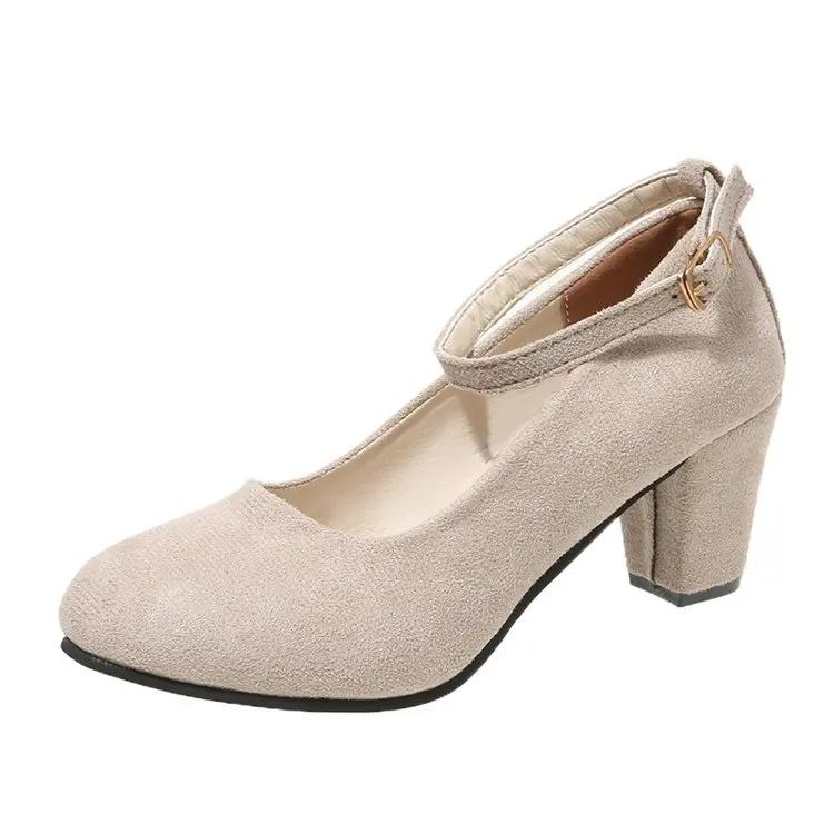 Сексуальные бежевые туфли на высоком каблуке с ремешком на щиколотке, осенние туфли-лодочки из флока с круглым носком, женские летние туфли, женская мода, неглубокие туфли-лодочки