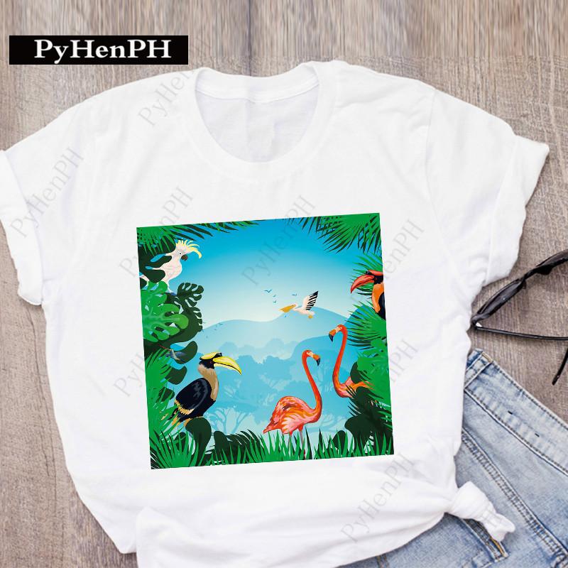Ins New Fashion Flamingo T-shirt Short-sleeved Female Student Innerwear T-shirt on The Street Women Clothing