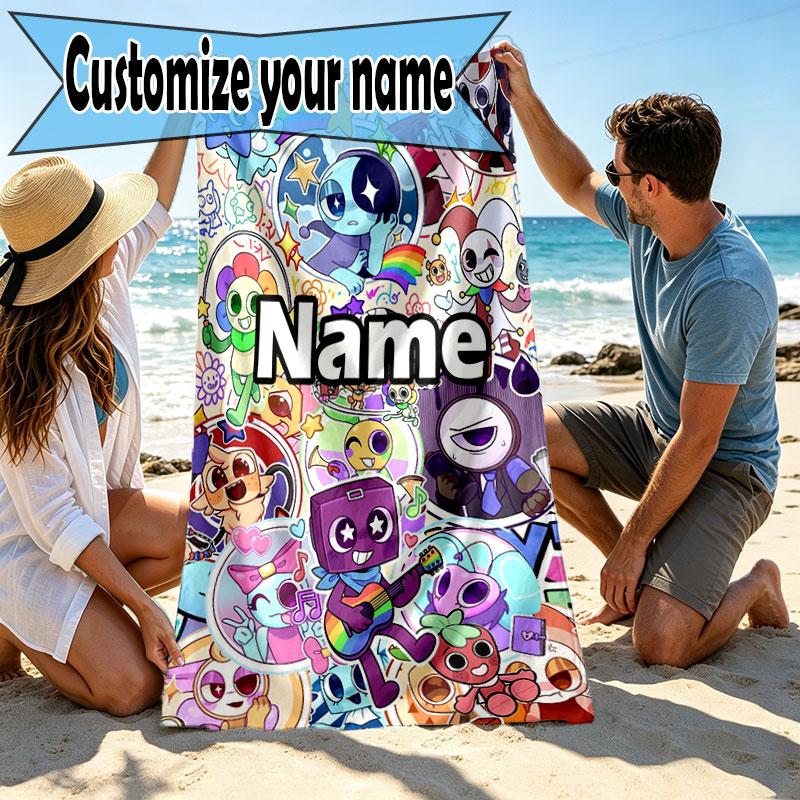 Custom Name Personalized Dandy's World Print Beach Towel, for Trip Camping Beach Party Home Decor, Birthday Gift for Family & Friends