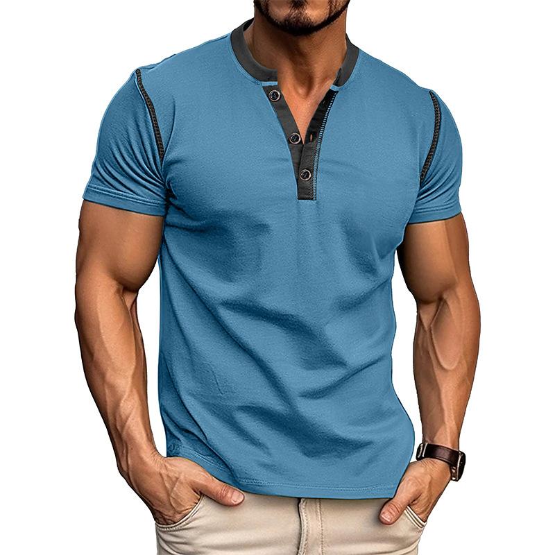 Модная мужская рубашка-henley с коротким рукавом Новая мужская футболка с круглым вырезом Блок цветом Боди Топы