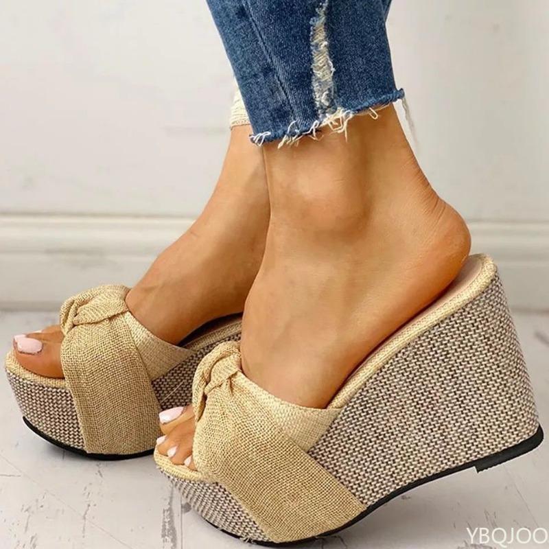 Мода Модные Крутые Шлепанцы с Рыбьим Носком Новые Наклонный Каблук Летняя Пляжная Обувь Однотонные Большого Размера Сандалии с Бантом на Каждый День