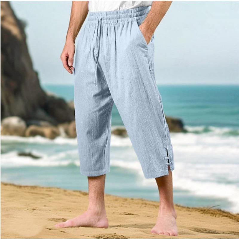 Men's Casual Summer Waist Drawstring Multi-pocket Linen Cropped Pants Beach Pants
