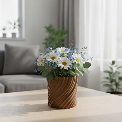 Modern wavy brown flowerpot for plants, twisted shape