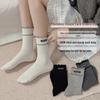 Mid-Calf Korean Style Scrunch Socks: Fall/Winter Seamless with Wood Ear Edge and Letter Fabric Label.