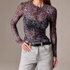 Women S Mesh Crew Neck Leopard Print Slim Fit Long Sleeve T Shirt