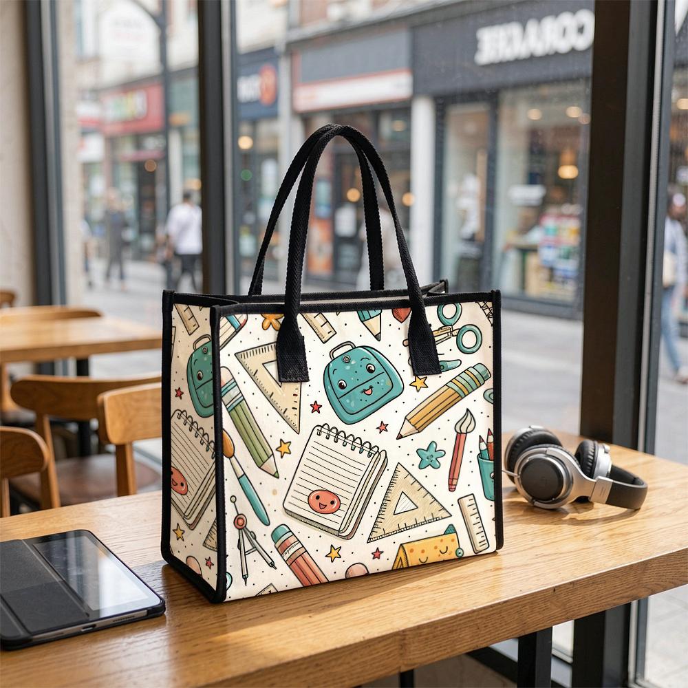 Cute Stationery Print Daily Shoulder Tote Bag Casual Portable Handbag for Shopping School Commute