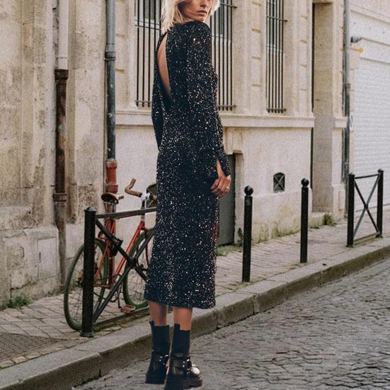Женское весеннее платье с блестками и круглым вырезом, с длинным рукавом, свободное платье миди с открытой спиной, женское осеннее платье для выпускного вечера, вечеринки, свидания