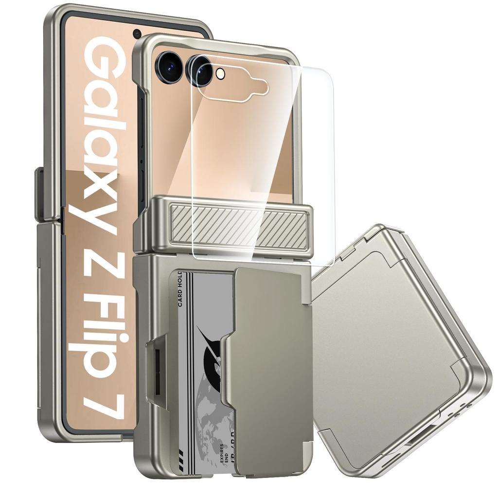 Для Samsung Galaxy Z Flip 7 с держателем для карт [RFID-блокировка] и защитой шарнира и HD-защитой экрана, Прочный противоударный чехол для телефона - Мятно-зеленый