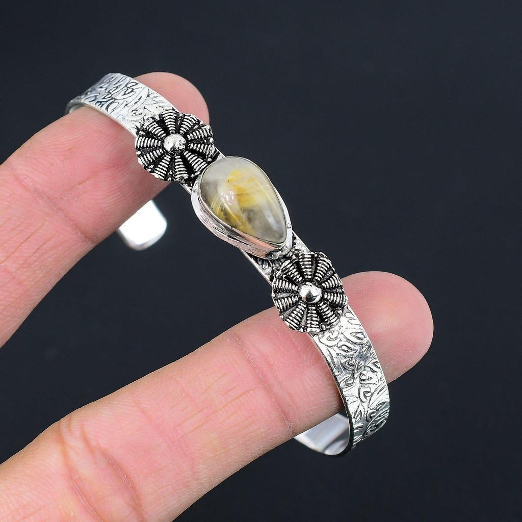 Natural Golden Rutile Gemstone Bangle Adjustable 925 Sterling Silver Jewelry