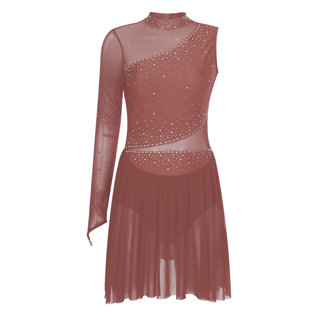 Womens Figure Skating Dance Leotard Single Sleeve Mock Neck Sparkle Rhinestone Ice Performance Wear