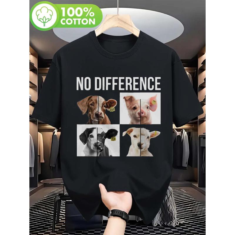 Unisex Vegan Animal Rights Tee - Slogan 'No Difference' Featuring Cow, Pig, Chicken - Sheep Design - Comfortable Round Neck Short Sleeve Casual Top -