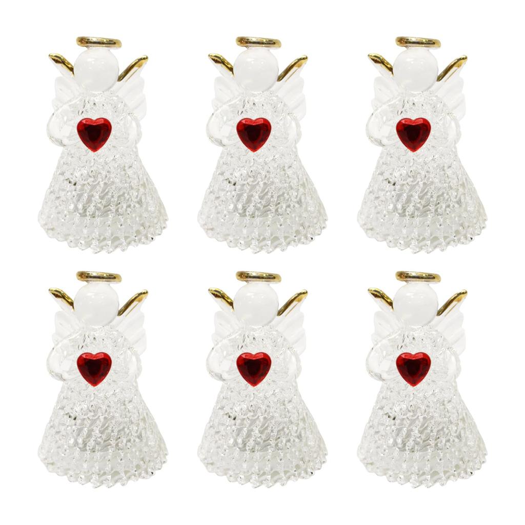 Fourcart Handmade Glass Crafts, LED Light-Up Heart Angels, Set of 6