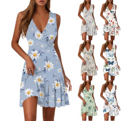 Женское повседневное модное платье с V-образным вырезом и принтом без рукавов