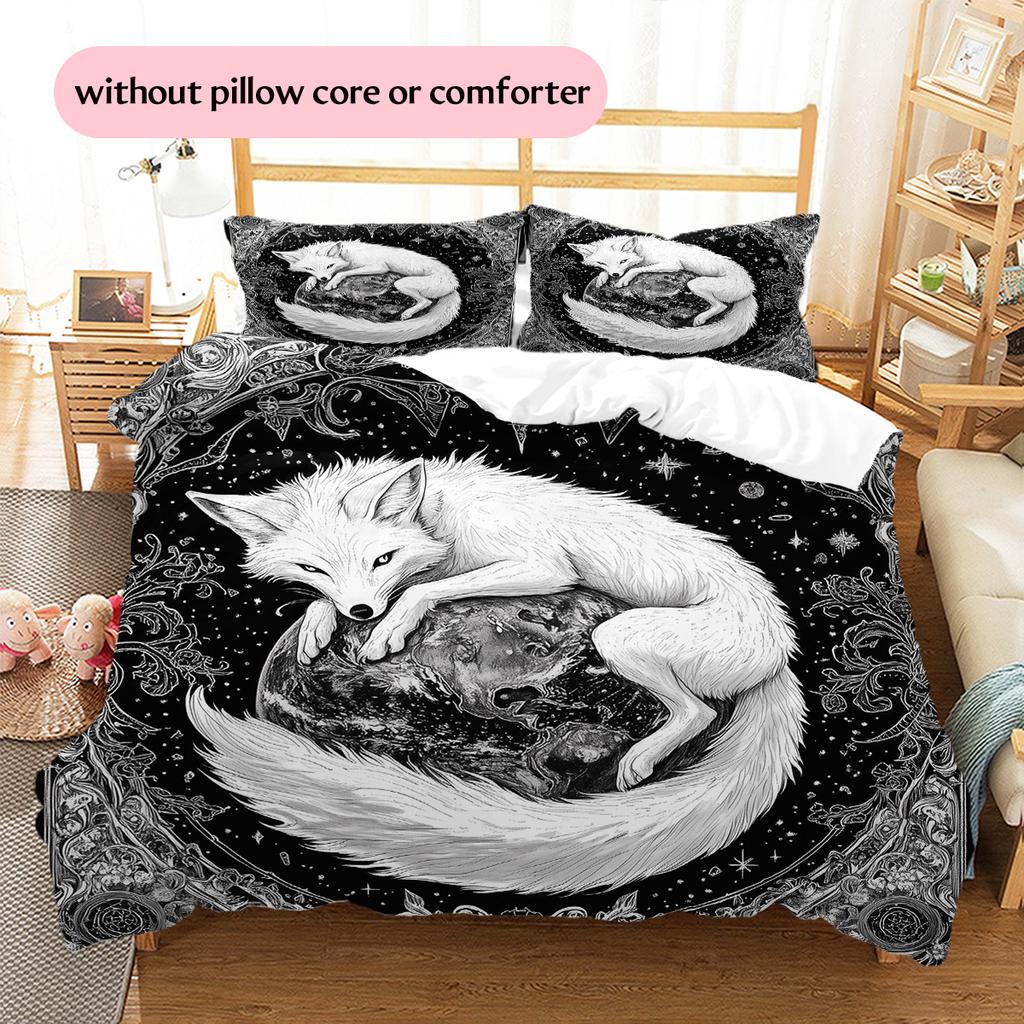 Black and white fox Pattern Bedding Quilt Set Quilt Cover Pillowcase Home Decoration Gift (1 * duvet cover + 2 * pillowcase, without core)