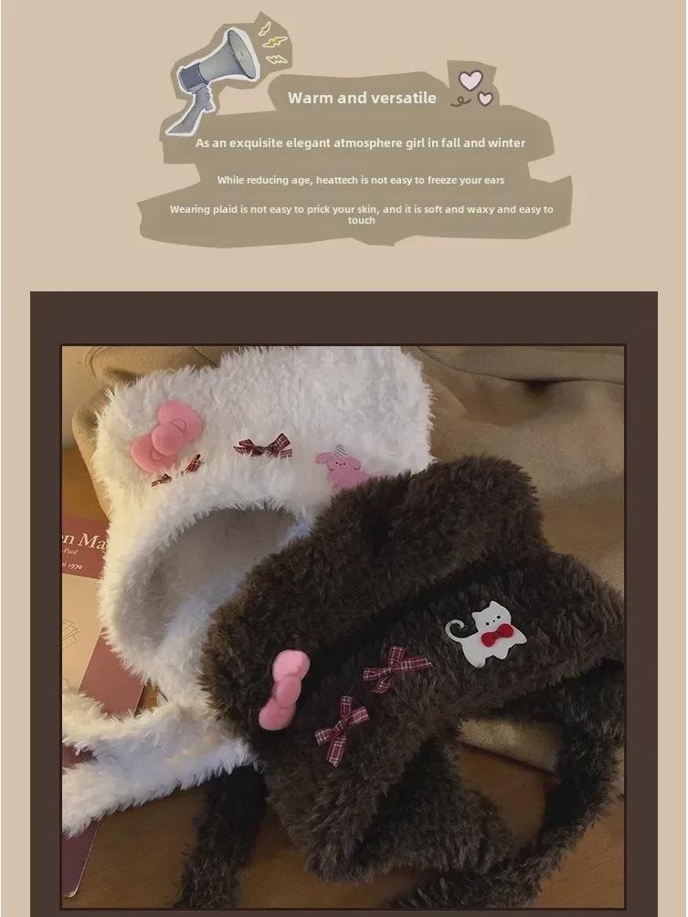 Теплая плюшевая шапка с ушками медведя и кошачьим бантом для женщин – защита ушей на осень/зиму с открытым лицом